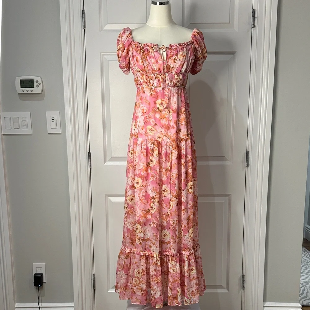 ASTR The Label Roseline Floral Pink Cottagecore Vacation Boho Maxi Dress Size S